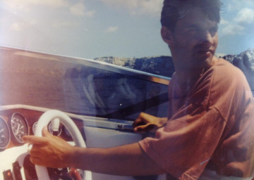 Lee driving John's dad's Sunseeker.